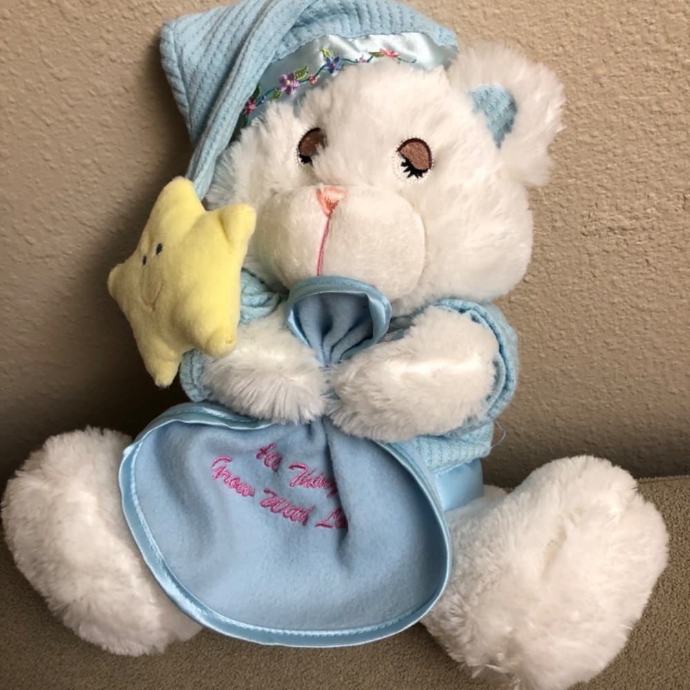 Goffa International White Teddy Bear With Blanket "All Things Grow with Love"